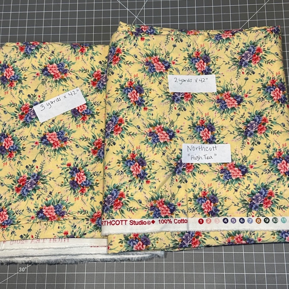 Northcott High Tea Ro Gregg Floral Cotton Fabric Yellow 5 Yards Total 42" Wide